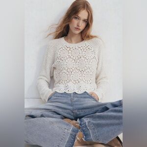 Francesca’s Lilly Crochet Front Pointelle Pull Over White Sweater M